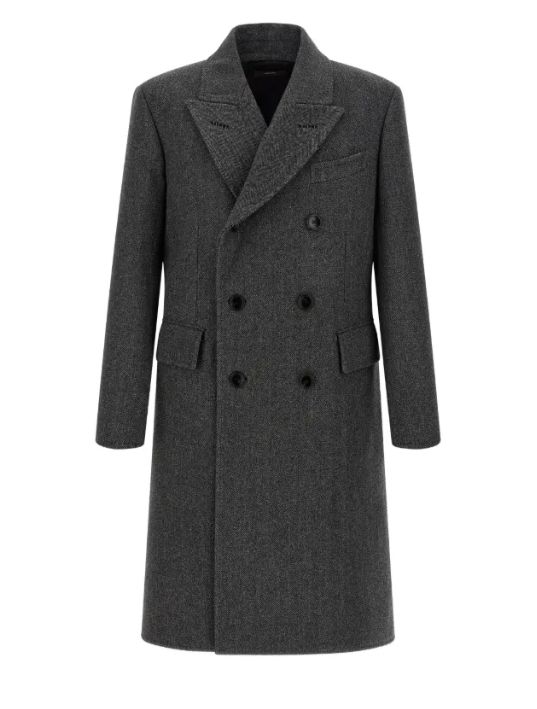 Charcoal Herringbone Double-Breasted Overcoat